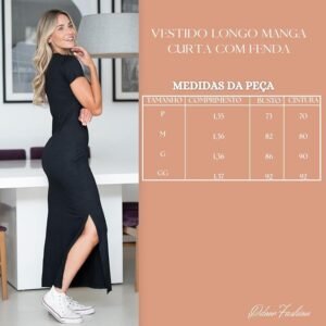 Vestido Preto Longo Casual Canelado, Manga Curta com Fenda, Tecido Elástico, Meia Estação - Imagem 7
